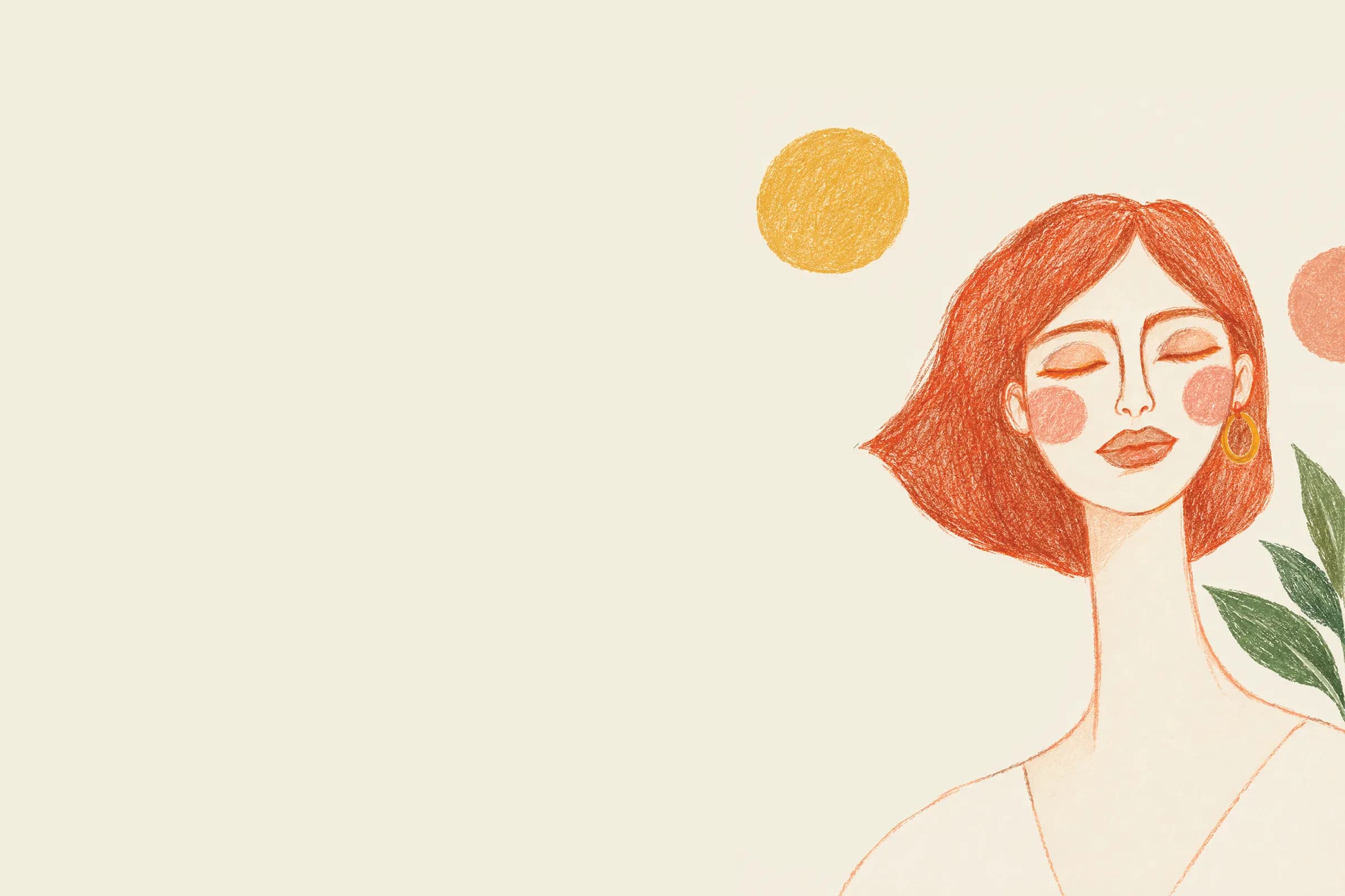 Hand-drawn portrait of a woman with red hair, eyes closed, beside a yellow sun and green leaves